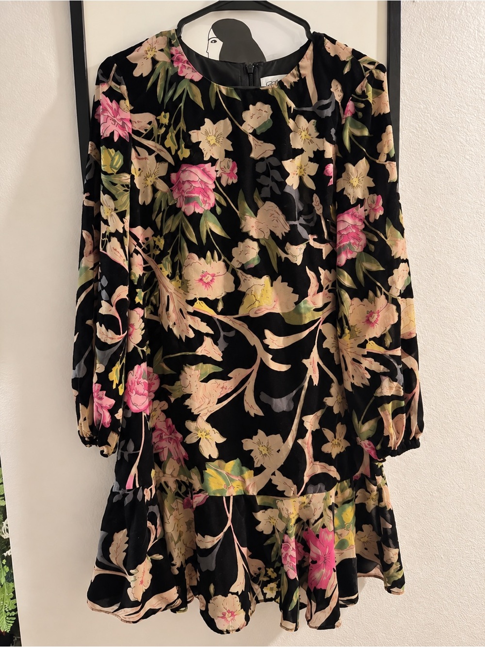 Eliza J Black Floral Long-Sleeve Ruffle Dress with Pink & Cream Blooms
